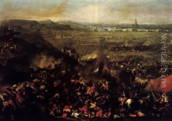 The Siege Of Vienna (1684) With Turks Fighting Christian Forces In The Foreground Oil Painting - Matteo Stom