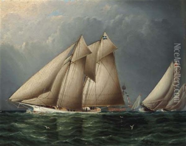 The Schooner Yacht "fenella" Rounding Sandy Hook Lightship With "estelle" Following Oil Painting - James Edward Buttersworth