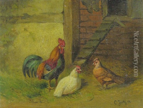 Hahn Und Zwei Huhner Vor Dem Stallgebaude Oil Painting - Carl Jutz the Elder