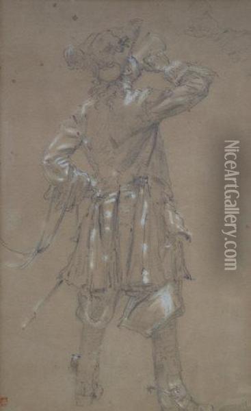 Study Of Man Standing Full Length Drinking From A Tankard Oil Painting - Ernest Crofts