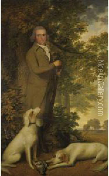 Portrait Of A Gentleman, Full-length, In A Green Coat, Holding Agun, Two Dogs And A Partridge At His Feet, In A Woodedlandscape Oil Painting - James Millar