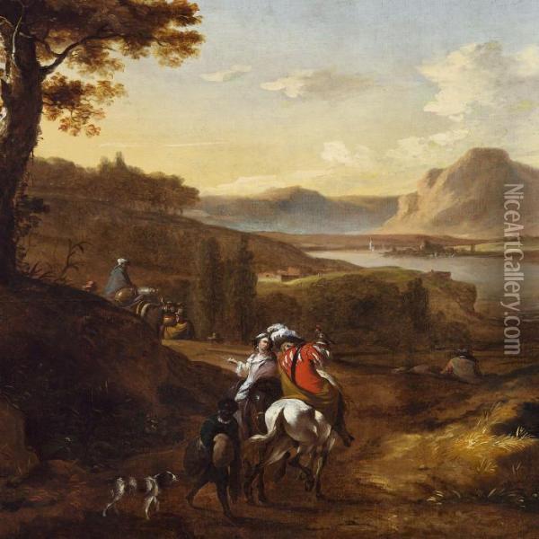 Southern Landscape With Falcon Hunting Near A River Oil Painting - Adrian Van De Velde