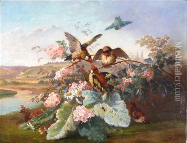 Still Life Of Goldfinches And Blossom On A Riverbank Oil Painting - Simon Saint-Jean