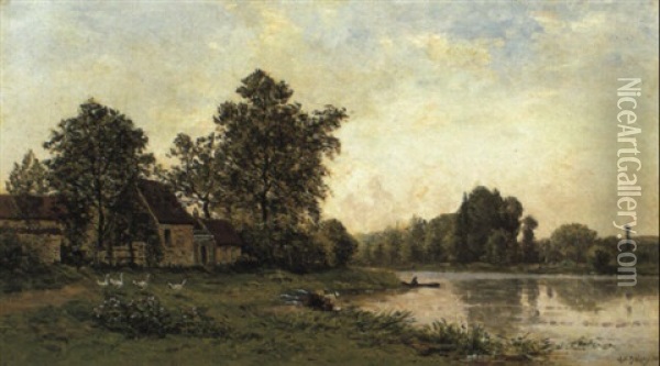 Washerwomen By A River Near A Cottage Oil Painting - Hippolyte Camille Delpy