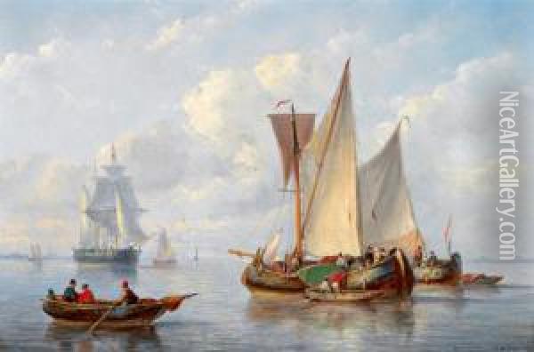 Fischkutter Und Ein Ruderboot In Kustennahe Oil Painting - George Willem Opdenhoff