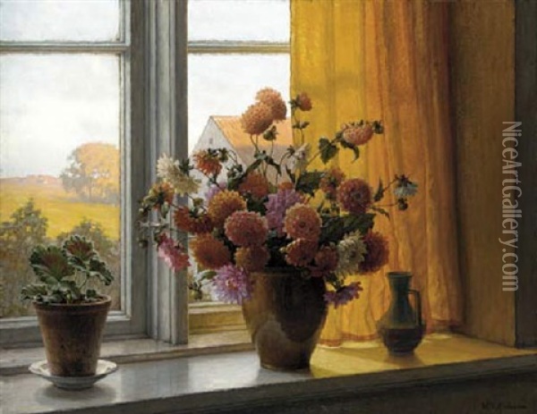 Chrysanthemums In A Vase On A Window-sill Oil Painting - Wilhelm Andersen