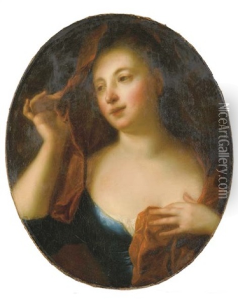 Portrait De Femme Au Voile Rouge Oil Painting - Alexis Grimou