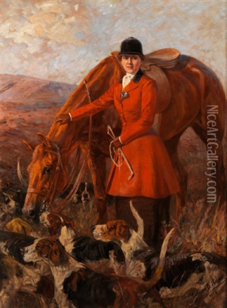 Portrait Einer Reiterin In Rotem Jacket Oil Painting - Richard Benno Adam