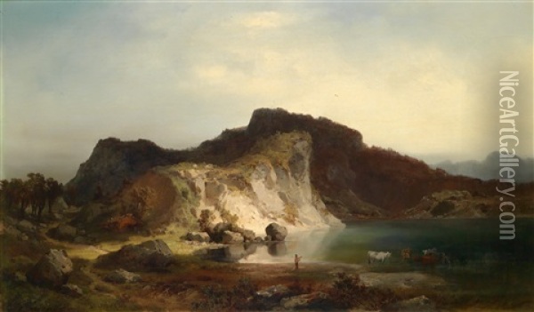 Herdsman By A Mountain Lake Oil Painting - Joseph Brunner