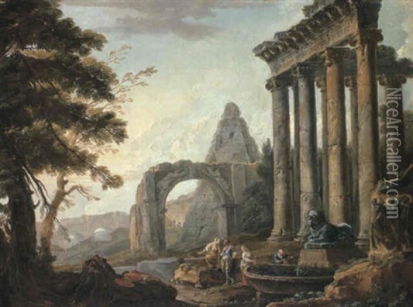 Capriccio With The Temple Of Concordia With Figures Before A Fountain Oil Painting - Hubert Robert