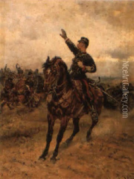 Halt! French Army On Manoeuvres Oil Painting - Alphonse Marie de Neuville