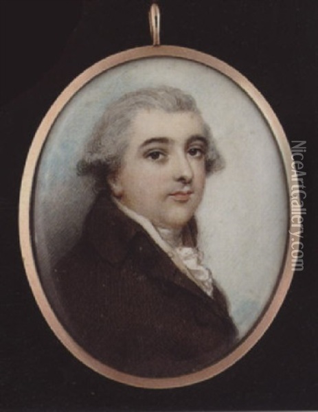 A Gentleman, With Short Powdered Hair, Wearing Brown Coat, Cream Waistcoat, Frilled White Cravat And Stock Oil Painting - Andrew Plimer