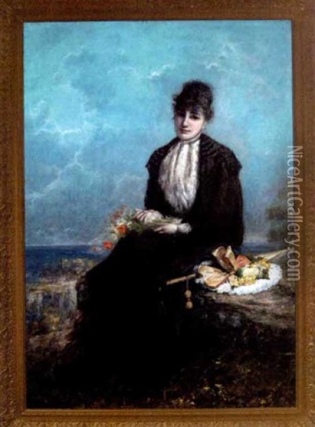 Portrait Of A Lady Holding A Bouquet Of Flowers In A Landscape Oil Painting - Charles Joshua Chaplin