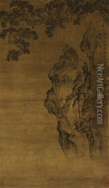 Two Monkeys On The Pine Mountain Oil Painting - Shen Quan