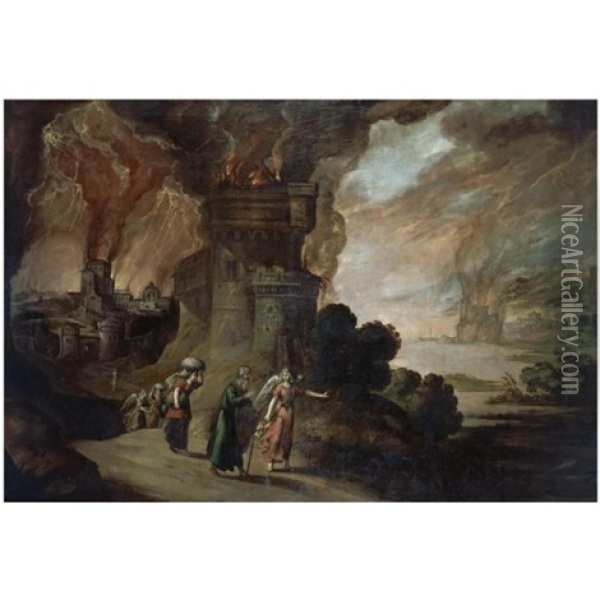 Lot And His Daughters Escaping From The Destruction Of Sodom And Gomorrah Oil Painting - Juan de LaCorte