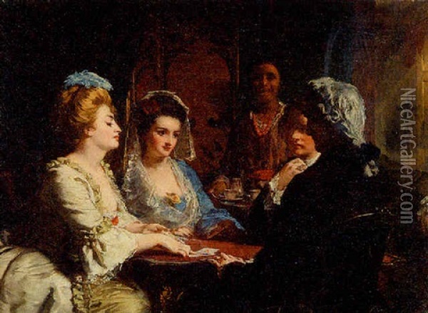 Interior Scene Of Young Couples Playing Cards Oil Painting - Alexander Jamieson