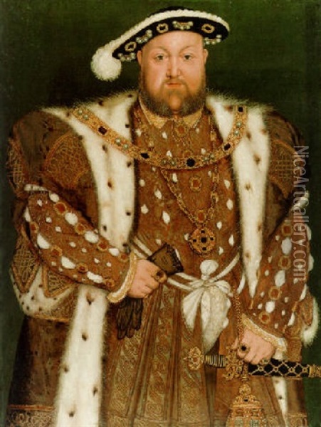 Portrait Of King Henry Viii In An Ermine-lined Brocaded Cloak, Holding A Pair Of Gloves In His Right Hand. Oil Painting - Hans Holbein the Younger