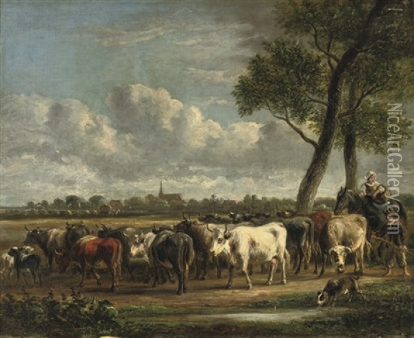 Rounding Up The Cattle Oil Painting - Jan Van Ravenswaay