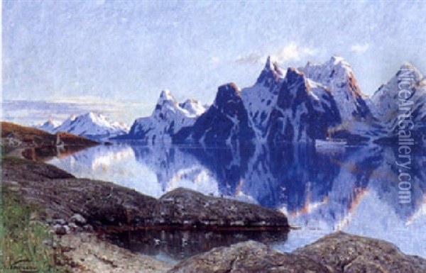 Fjordparti Med Skib, I Baggrunden Sneklaedte Bjerge Oil Painting - Adelsteen Normann