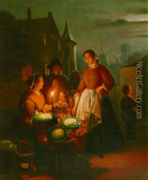 A Vegetable Market By Night Oil Painting - Andreas Franciscus ver Meulen