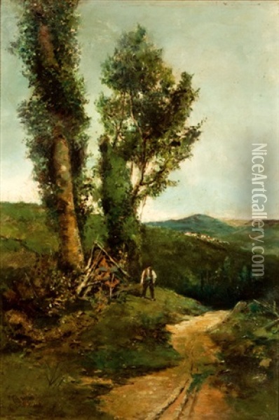 Paisaje Con Campesino Oil Painting - Tomas Campuzano Y Aguirre