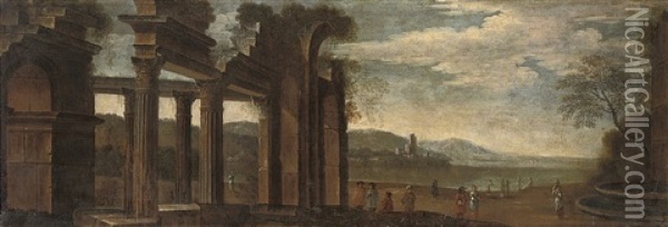 A Capriccio Of Classical Ruins By A Mediterranean Harbour With Figures In The Foreground Oil Painting - Orazio Grevenbroeck