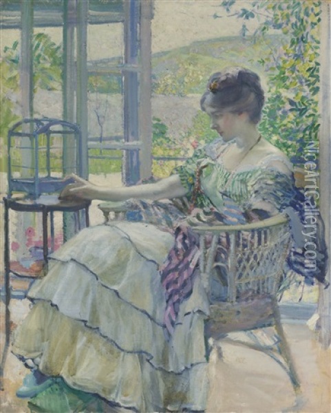 Contemplation (woman Seated Next To Birdcage) Oil Painting - Richard Edward Miller