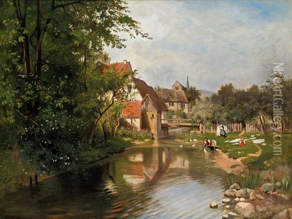 Am Dorfbach (waschtag) Oil Painting - Hugo Darnaut