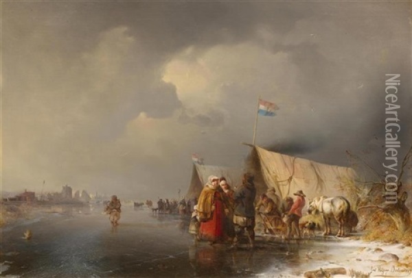 Figures By A Frozen Lake Before A Town Oil Painting - Carl Hilgers