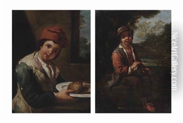 A Boy Holding A Plate With Bread, In An Interior And A Boy With A Bird's Nest In A Landscape (2 Works) Oil Painting - Antonio Mercurio Amorosi