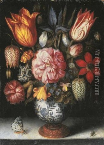Tulips, A Rose, An Iris, A Carnation, Snakeshead Fritillaries, A Columbine And Other Flowers In A Porselein Vase, With A Butterfly And A Fly On A Stone Ledge Oil Painting - Ambrosius Bosschaert the Elder