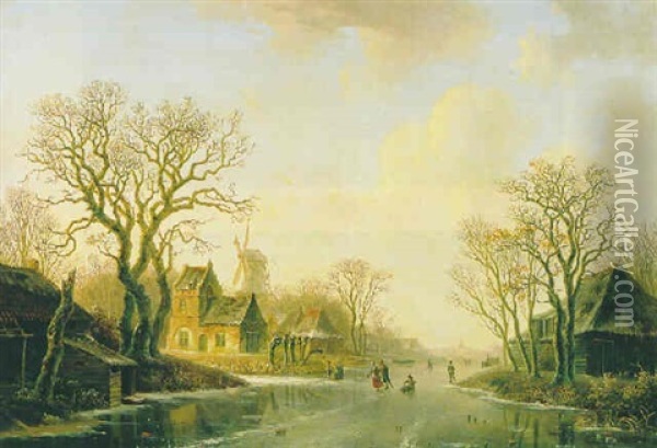 Wintelandschap Met Schaatsers Op Een Vaart Oil Painting - Willem De Klerk