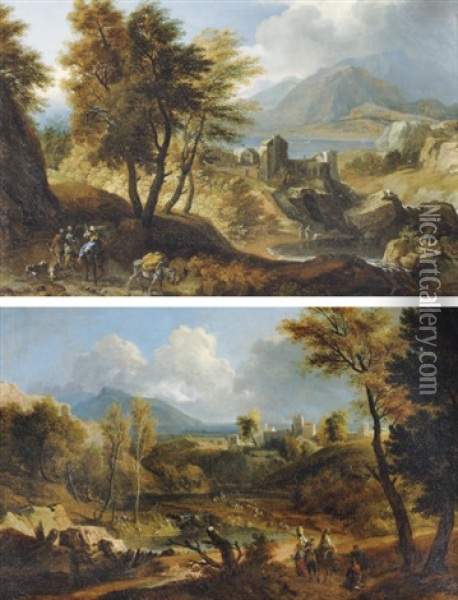 A Mountainous River Landscape With Travellers (+ A Landscape With Travellers Near A Lake; Pair) Oil Painting - Joachim Franz Beich