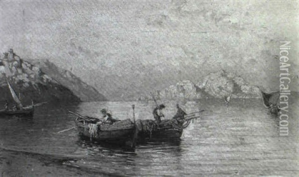 Fishing Boats Off A Coast Oil Painting - Giuseppe Carelli