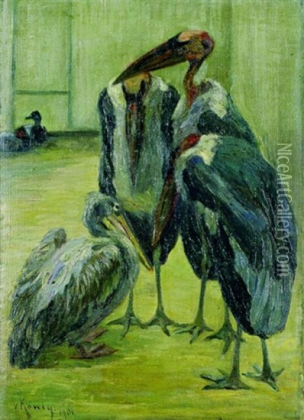 Drei Marabus Und Ein Pelikan Oil Painting - Leo von Koenig