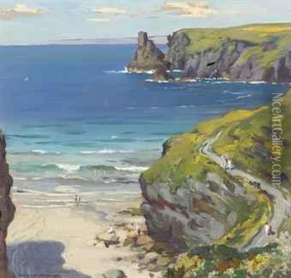 A Coastal Inlet Near Perranporth, Cornwall Oil Painting - Arthur Henry Jenkins