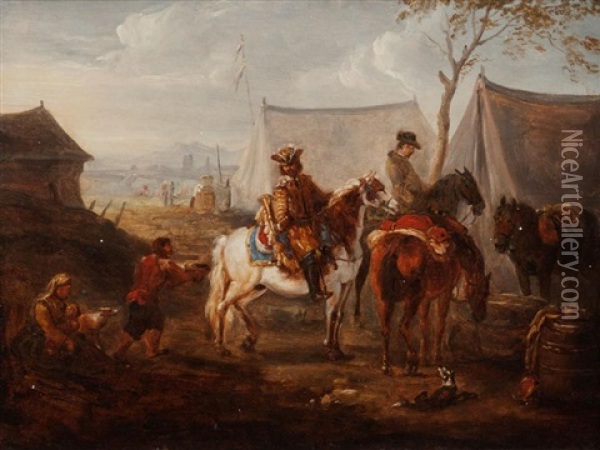 Soldiers On Horseback In A Military Camp Oil Painting - Philips Wouwerman