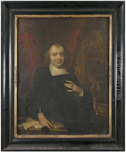 Portrait Of A Cleric, Half Length, In A Black Gown, The Background A View In Amsterdam Oil Painting - Pieter Nason