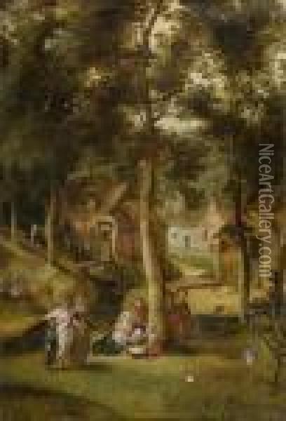 View Of A Village In A Forest Oil Painting - Jacob Grimmer