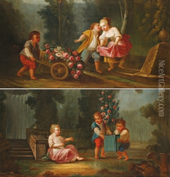 Les Enfants Jardiniers (+ Another; Pair) Oil Painting - Jean Baptiste Huet