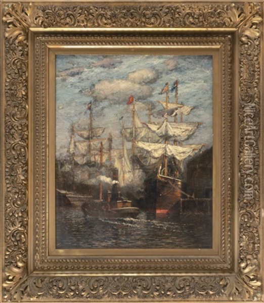 A Tug Passing Ships At Dock Oil Painting - James Gale Tyler
