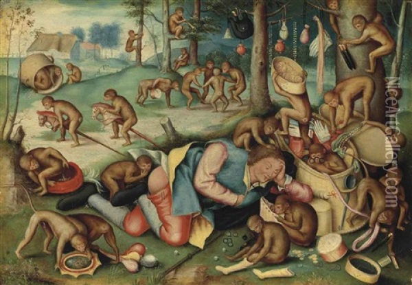 The Peddler Pillaged By Apes Oil Painting - Pieter Bruegel the Elder