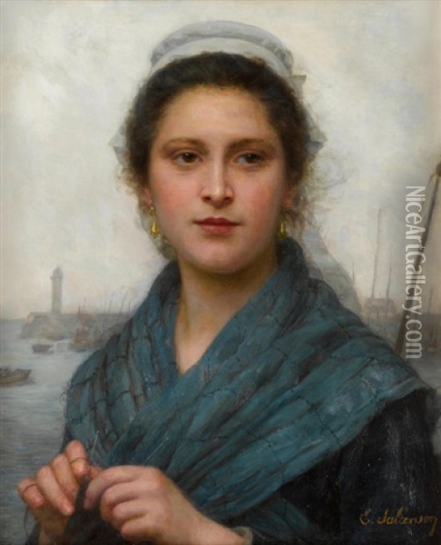 A Portrait Of A Fisherwoman Oil Painting - Eugene-Marie Salanson