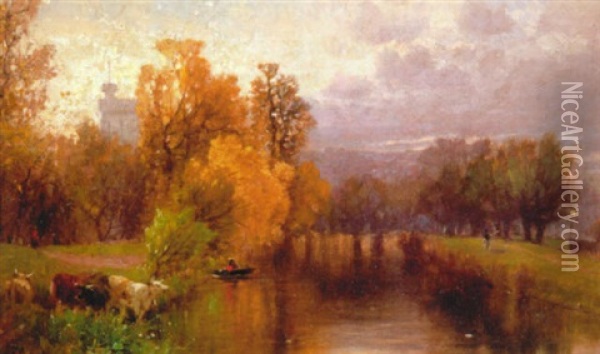 River Landscape With A Distant Town Oil Painting - Albert Fitch Bellows