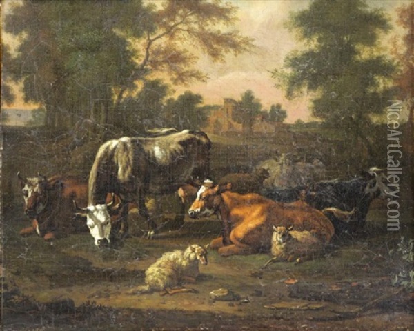 Cows And Sheep In Landscape Oil Painting - Adriaen Van De Velde