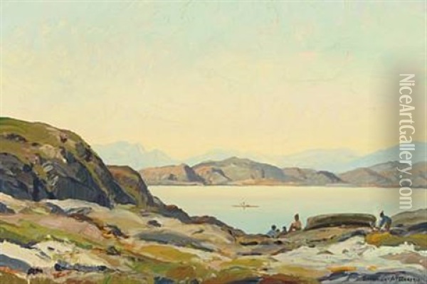 Greelandic Summer Landscape With People By The Fjord Oil Painting - Emanuel A. Petersen