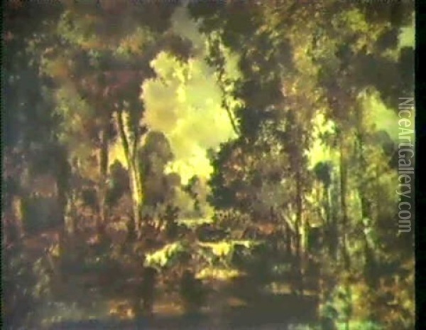 Kuhherde Amweiher Im Wald Von Fontainebleau Im Warmen,      Gedampften, Herbstlichen Nachmittagslicht Oil Painting - Theodore Rousseau