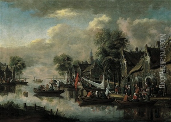 Dorf An Einem Fluss Mit Vielen Booten Und Figuren Oil Painting - Thomas Heeremans