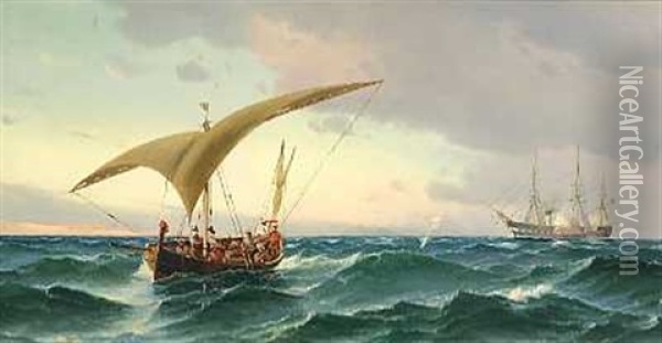 Tremaster Og Sejlskib I Middelhavet Oil Painting - Vilhelm Victor Bille
