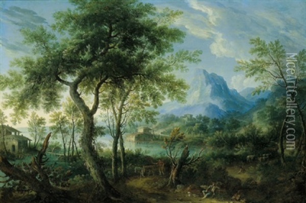 Paesaggio Con Casolari E Figure Sulla Riva Di Un Lago Oil Painting - Giovanni Battista Cimaroli